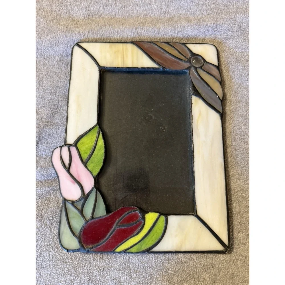 Vintage Colorful Stained Glass Picture Photo Frame W 3D Rose Floral Motif 1990s